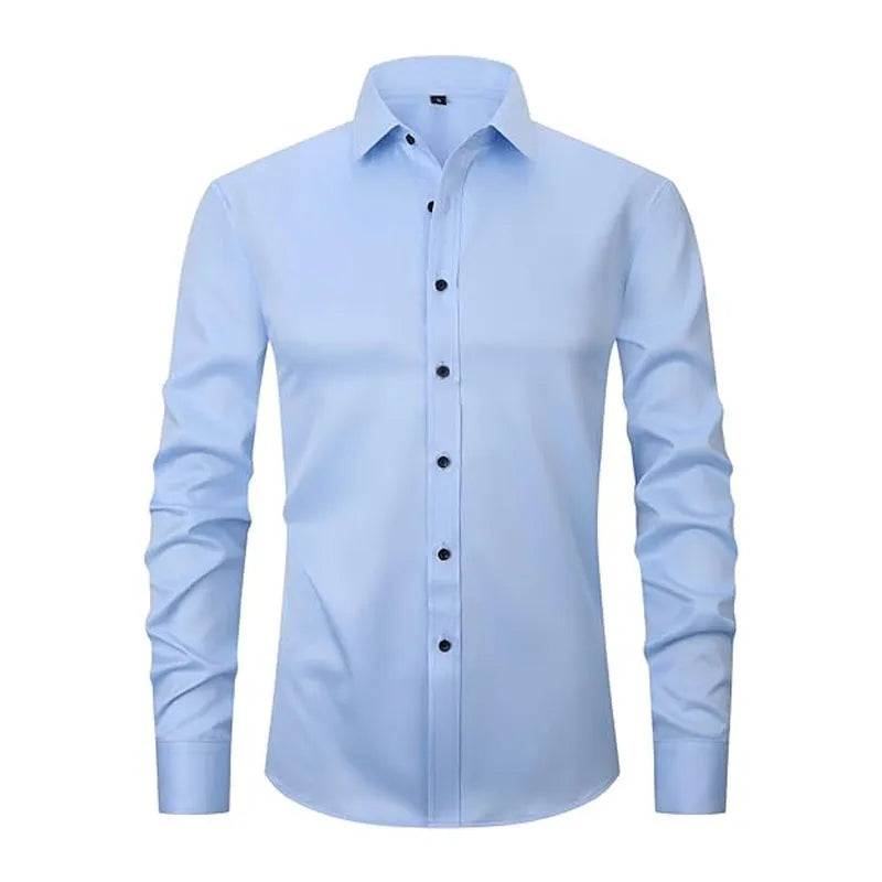Men's stretch long sleeve work shirt in polyester fabric shown in available colours with size guidance
