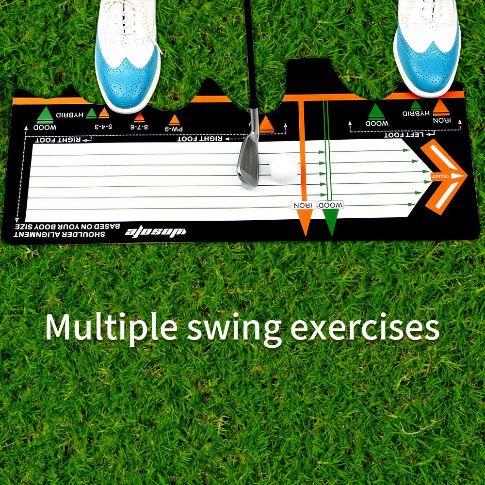 Black neoprene golf swing training pad for stance and posture correction on grass.