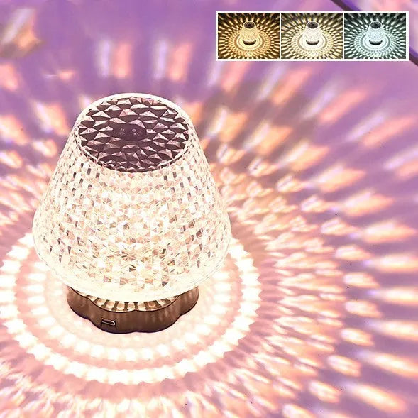 Crystal table lamp with touch base and LED lighting on wooden surface