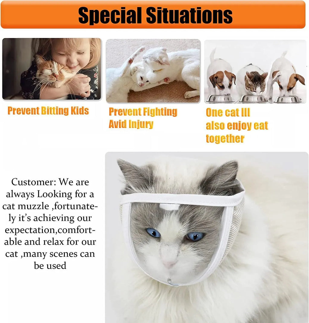 Clear PVC and cotton cat muzzle mask with central breathing hole shown on S and M sizes.