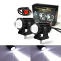 Aluminium motorcycle spotlight with dual-colour lens for 12-80V electric vehicles, showing IP68 waterproof rating.