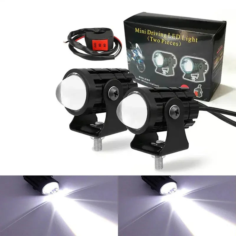 Aluminium motorcycle spotlight with dual-colour lens for 12-80V electric vehicles, showing IP68 waterproof rating.