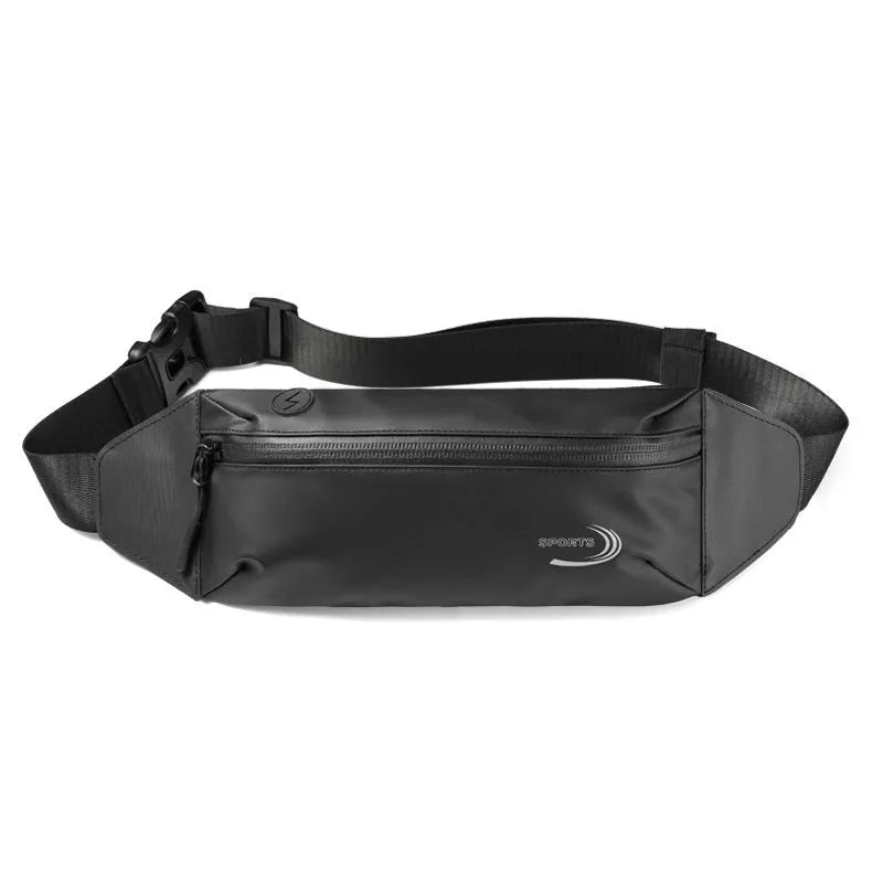 Men's blue Derm Oxford polyester waterproof sports waist bag showing size and belt clip.