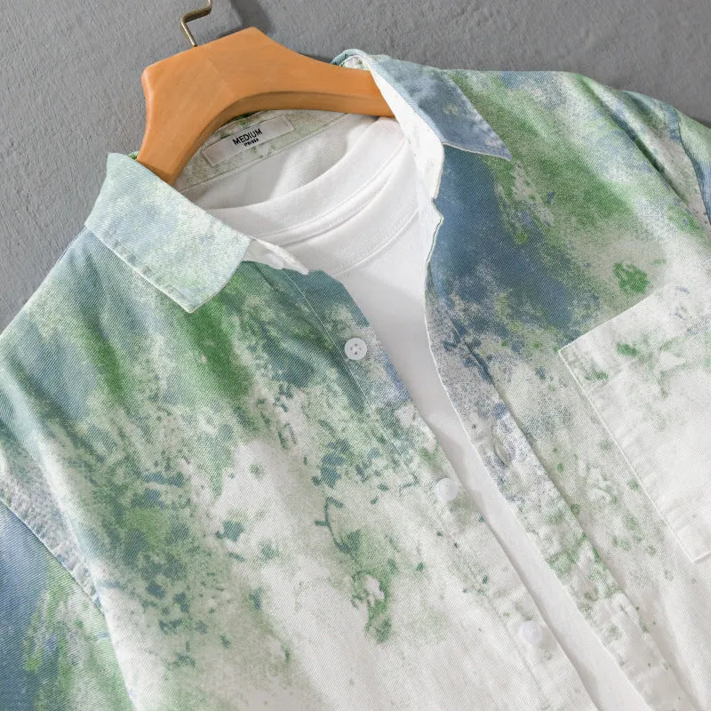 Man wearing a loose-fit grey hanging-dyed pure cotton short sleeve casual shirt.
