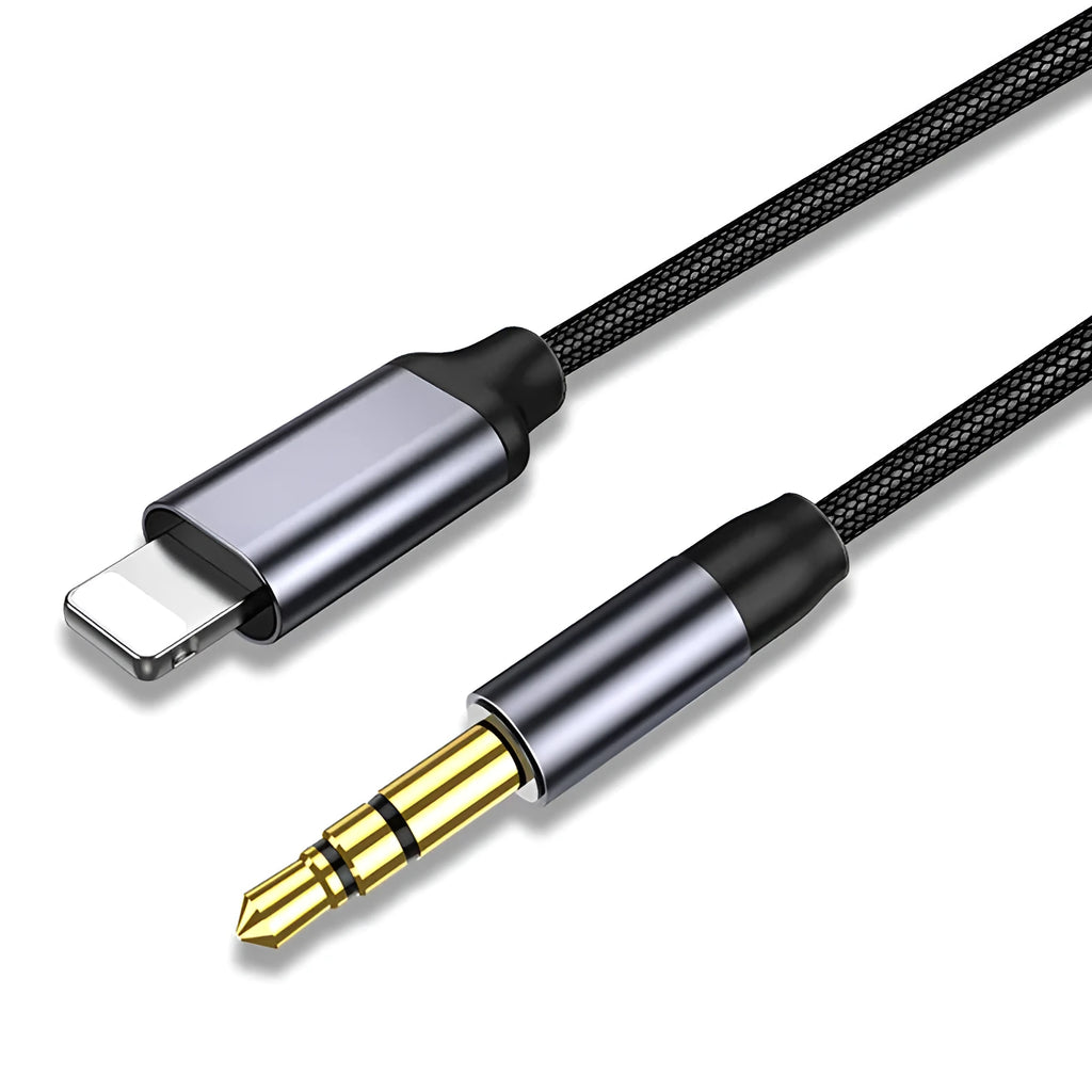 Silver and black nylon braided car AUX audio cables showing 0.5m, 1m, and 1.5m length options