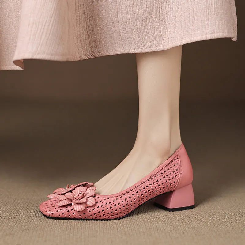 Light brown women's leather pumps with a hollow weave design and a mid-height heel.