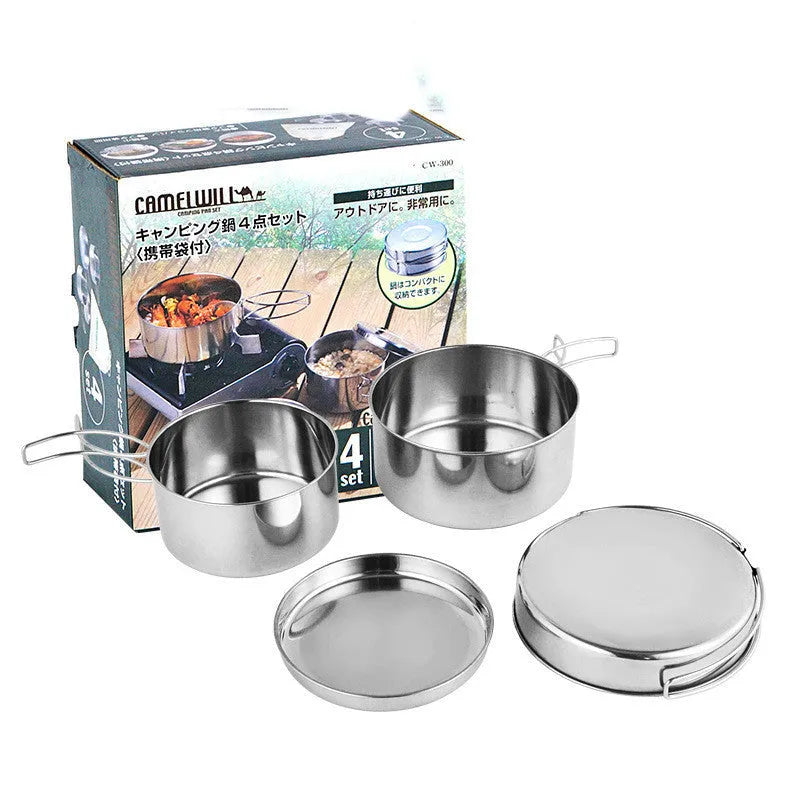 Silver stainless steel camping cookware pot set with 4-piece round design for 2-3 people