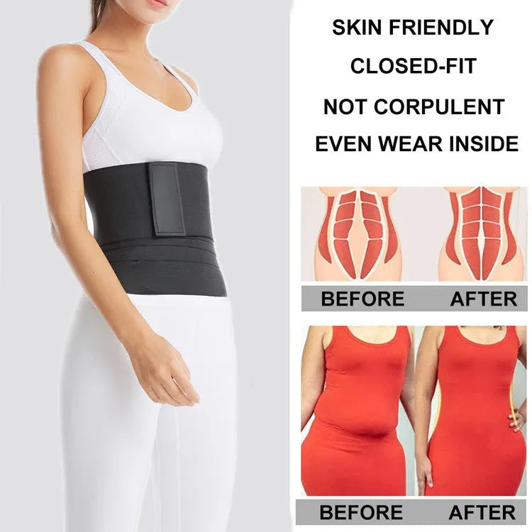 Black polyester waist training restraint belt for yoga body sculpting, 3 metre length shown on white background