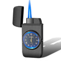 Multifunctional metal watch lighter with LED lamp in brushed black, mahogany, gold, or silver finish.
