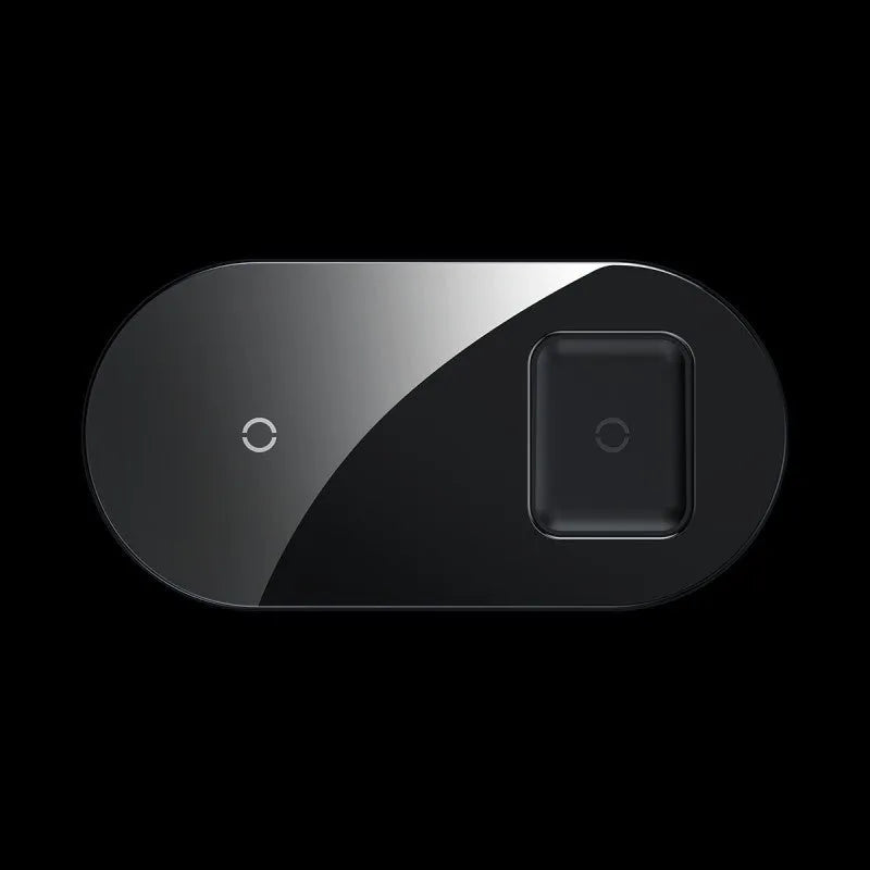 Two-in-one wireless charger, black aluminium and tempered glass, with charging light indicator, on a desk