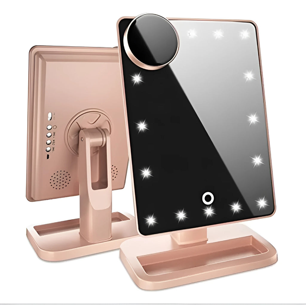 Pink and white LED make-up mirror with 20 lights, 10x magnification and Bluetooth speaker