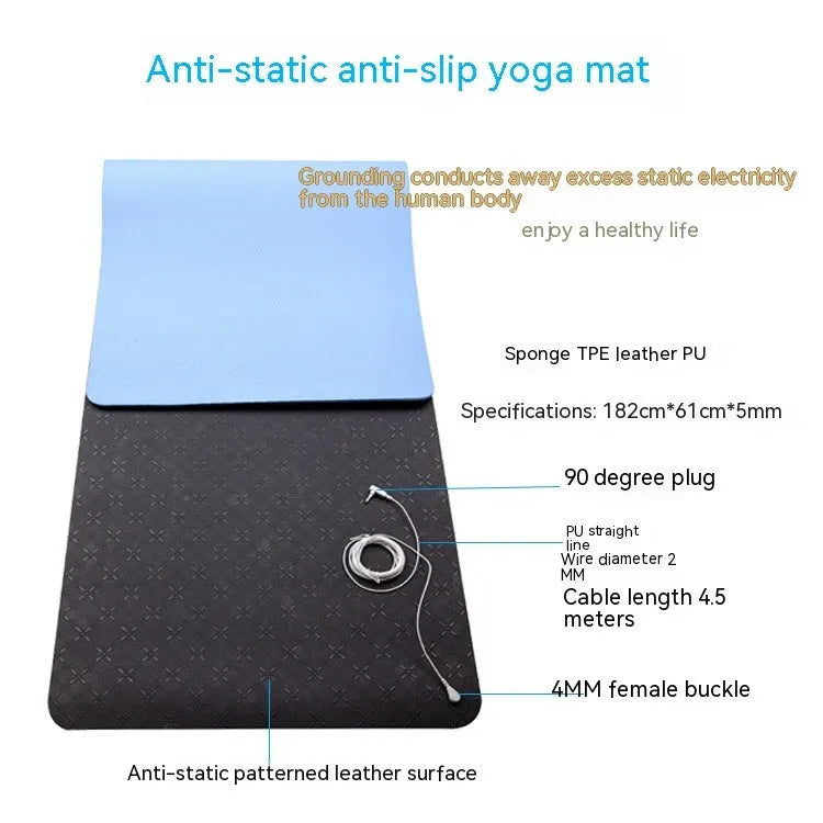 Blue conductive grounding yoga mat with plants pattern, 182x61cm dimensions and grounding wire