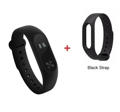 Black Xiaomi Mi Band 2 smart fitness bracelet with OLED display on adjustable wrist strap