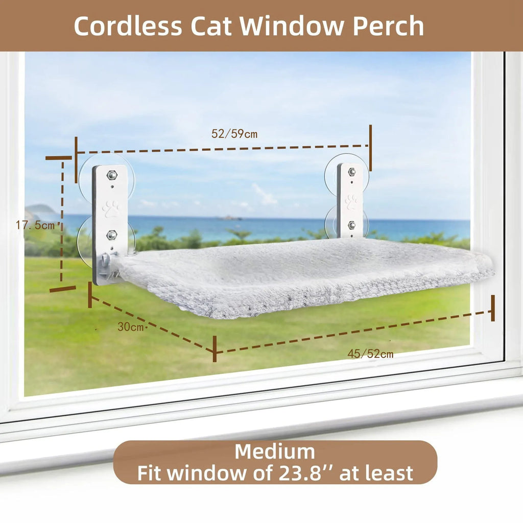 Cordless cat hammock window perch with gray plush fabric, folded on a windowsill