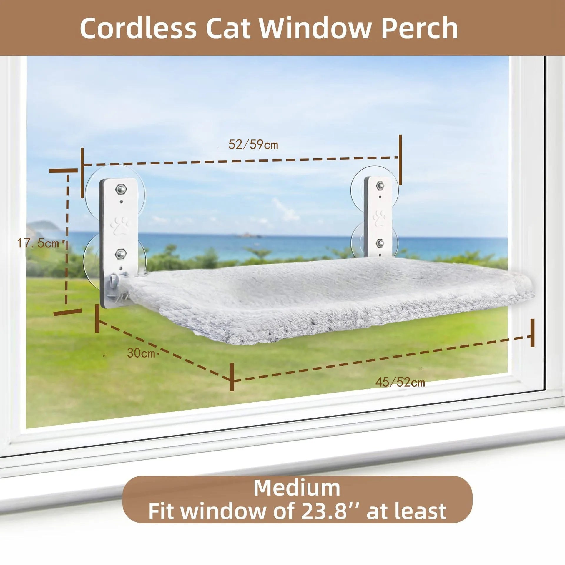 Cordless cat hammock window perch with gray plush fabric, folded on a windowsill