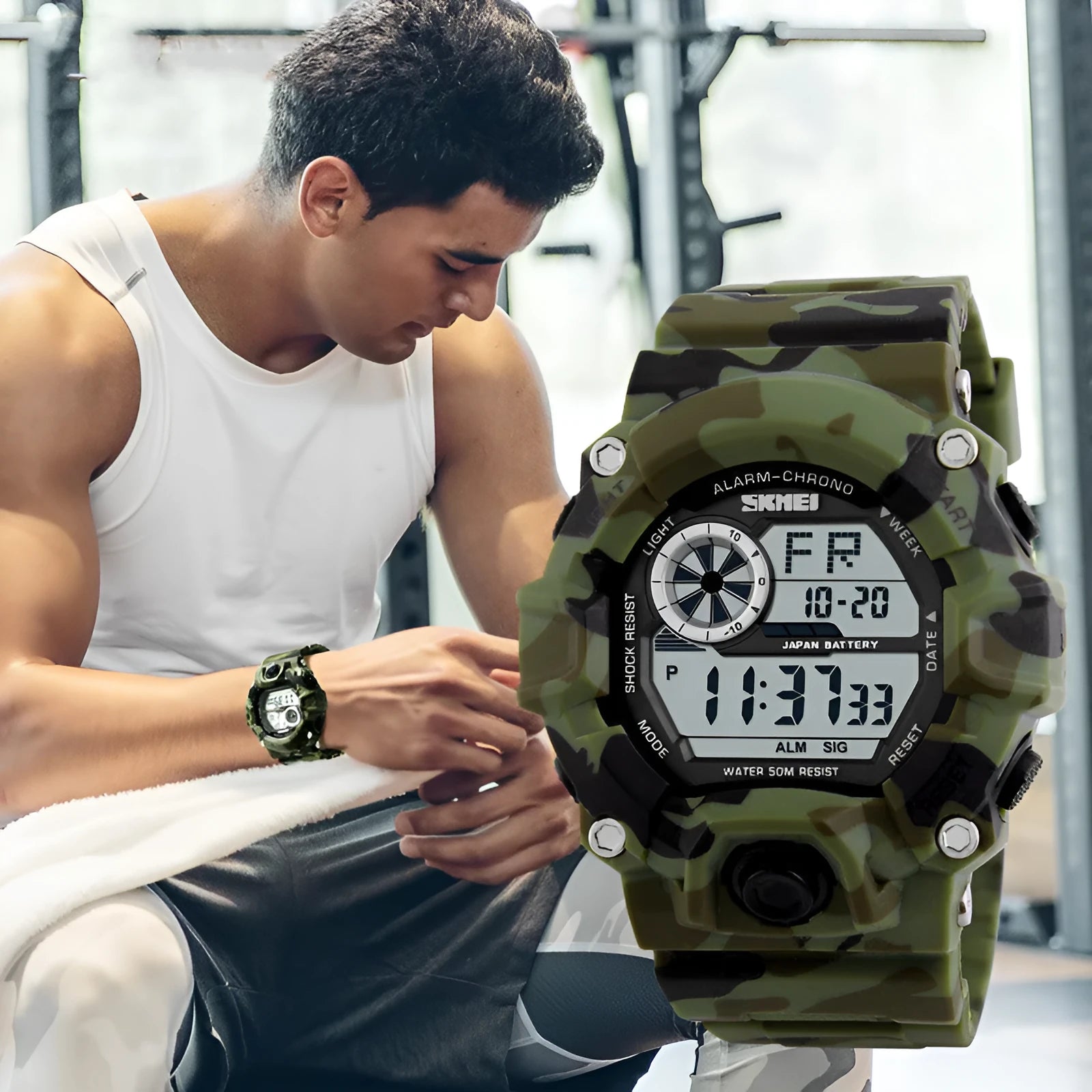 Multifunctional electronic sports watch with round dial, plastic strap, and 30M waterproof rating in five colour options.