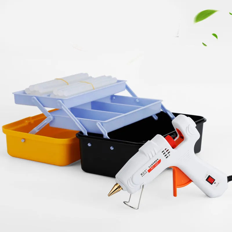 White electric hot melt glue gun with safety switch, anti-heat guard, and metal stability bracket