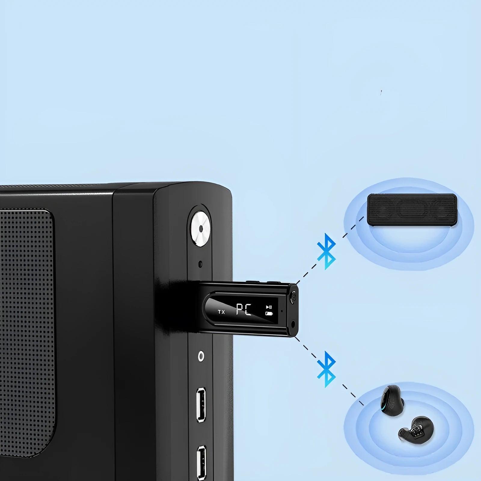Black USB car FM Bluetooth receiver for MP3 playback with USB and AUX ports.