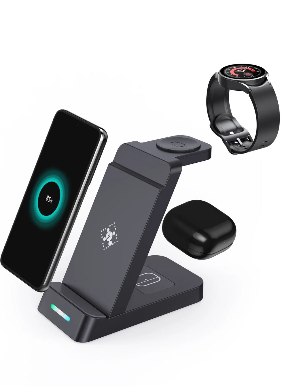 Black three-in-one wireless charging station with phone in stand, AirPods and watch charging simultaneously