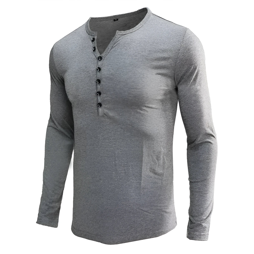 A solid colour long sleeve men's henley shirt in a cotton blend fabric.