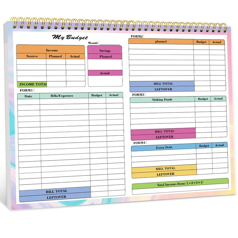 B5 spiral-bound budget tally book with a blue PP cover, open to show lined pages for income and expenditure tracking.