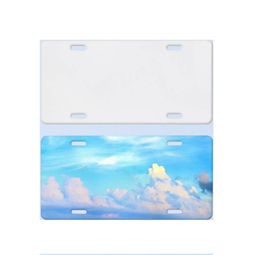 White rectangular aluminium licence plate blank with dimensions 30.3 by 15 centimetres.