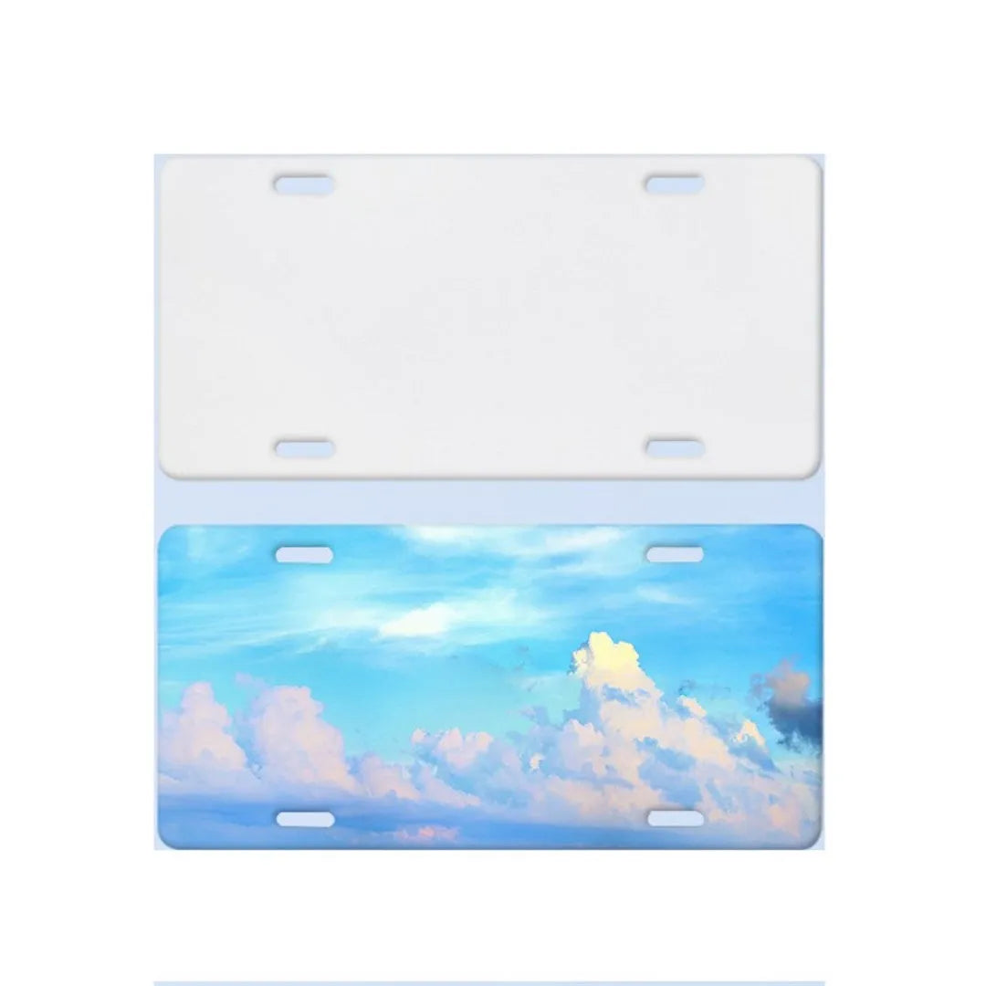 White rectangular aluminium licence plate blank with dimensions 30.3 by 15 centimetres.