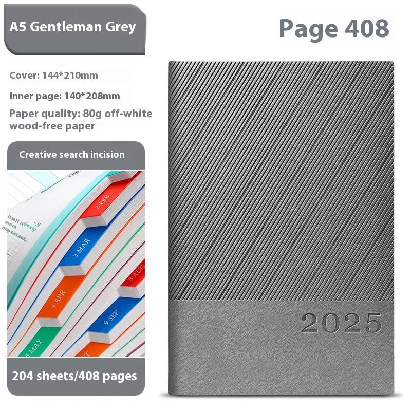 A5 striped PU leather notepad open to show 80g wood-free paper with 408 pages