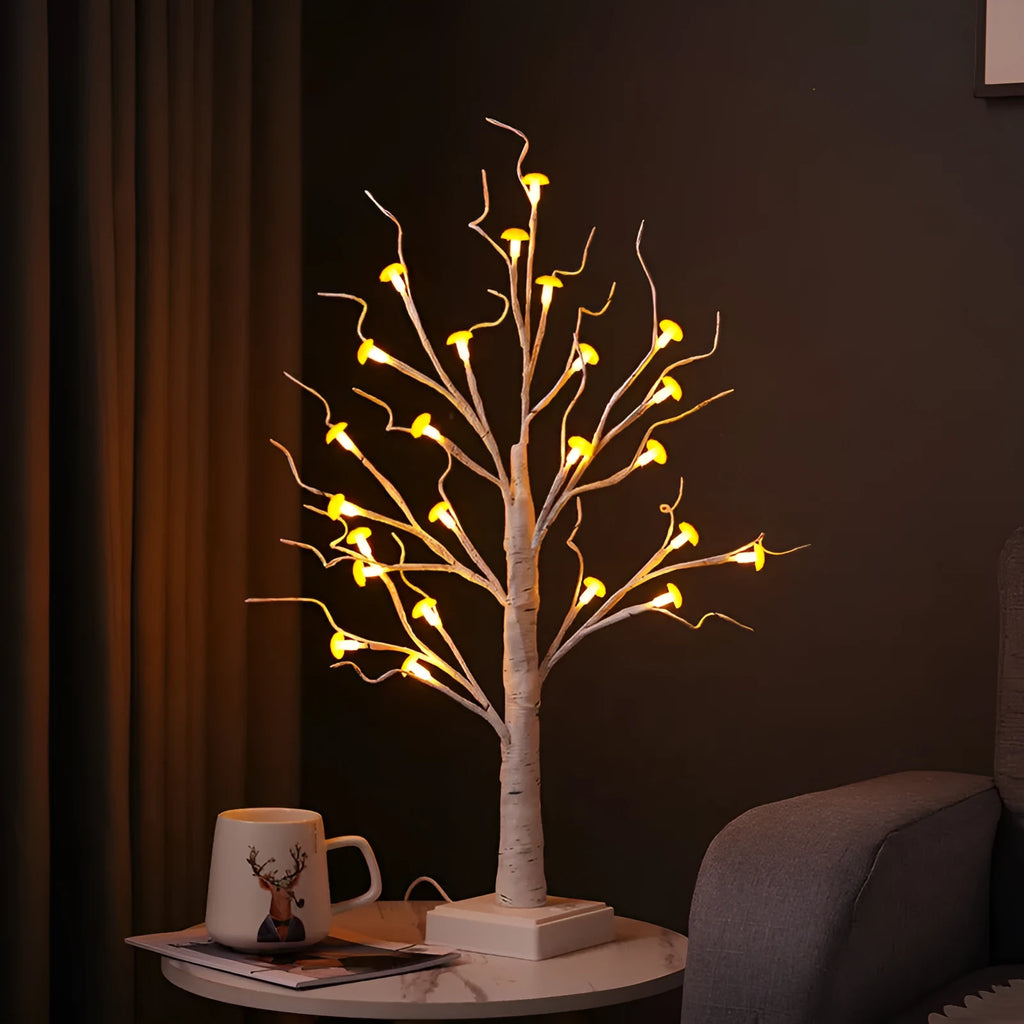 60cm tall white birch LED tree lamp with small mushroom-shaped lights on branches.