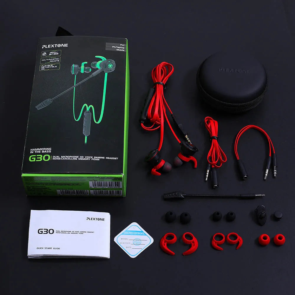 Shuangmai black, green, and red wired in-ear computer gaming headset with 1.5 cm cable.