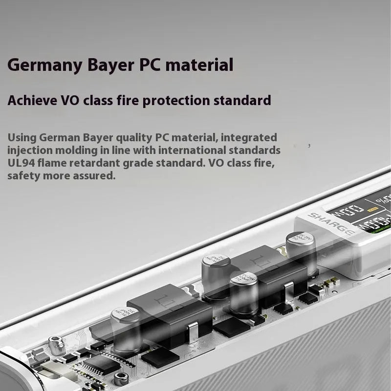 Transparent plastic power bank with 20000mAh capacity showing internal components