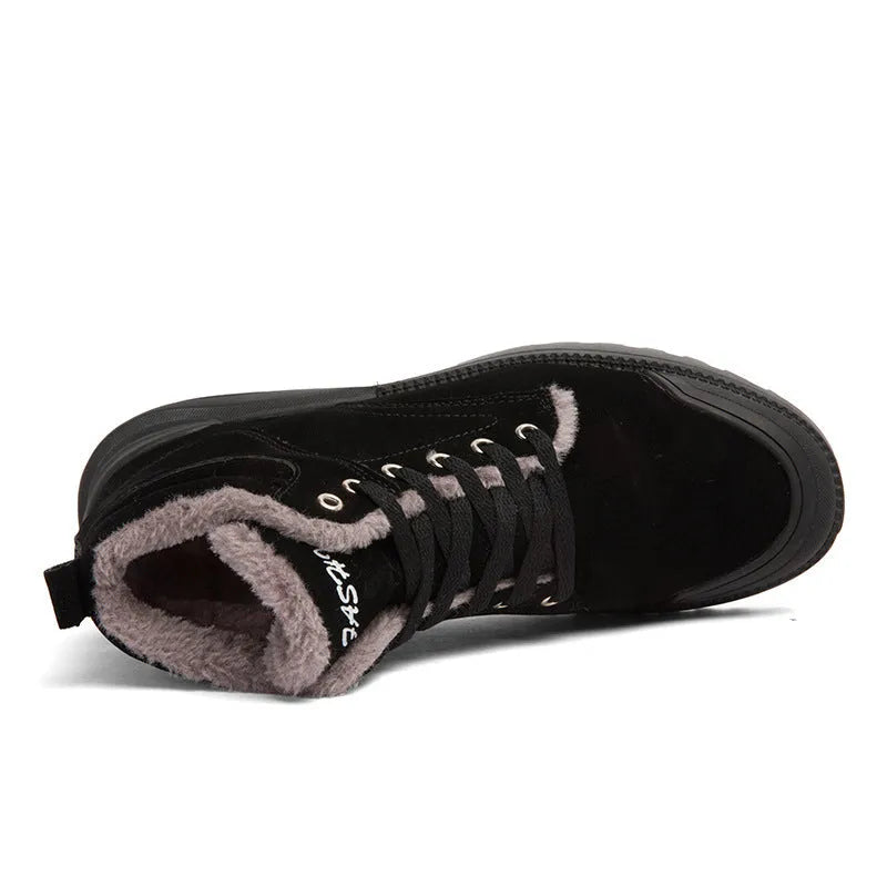 Men's winter ankle boots warm plush shoes suede upper rubber sole round toe flat heel high top front tie solid colour black grey yellow