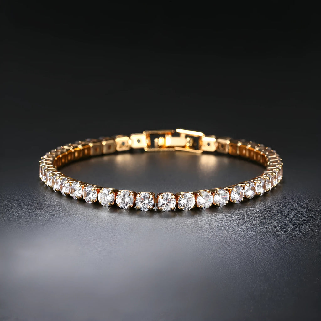 Stainless steel zircon bracelet single row 4mm round full diamond tennis chain in gold finish on white background