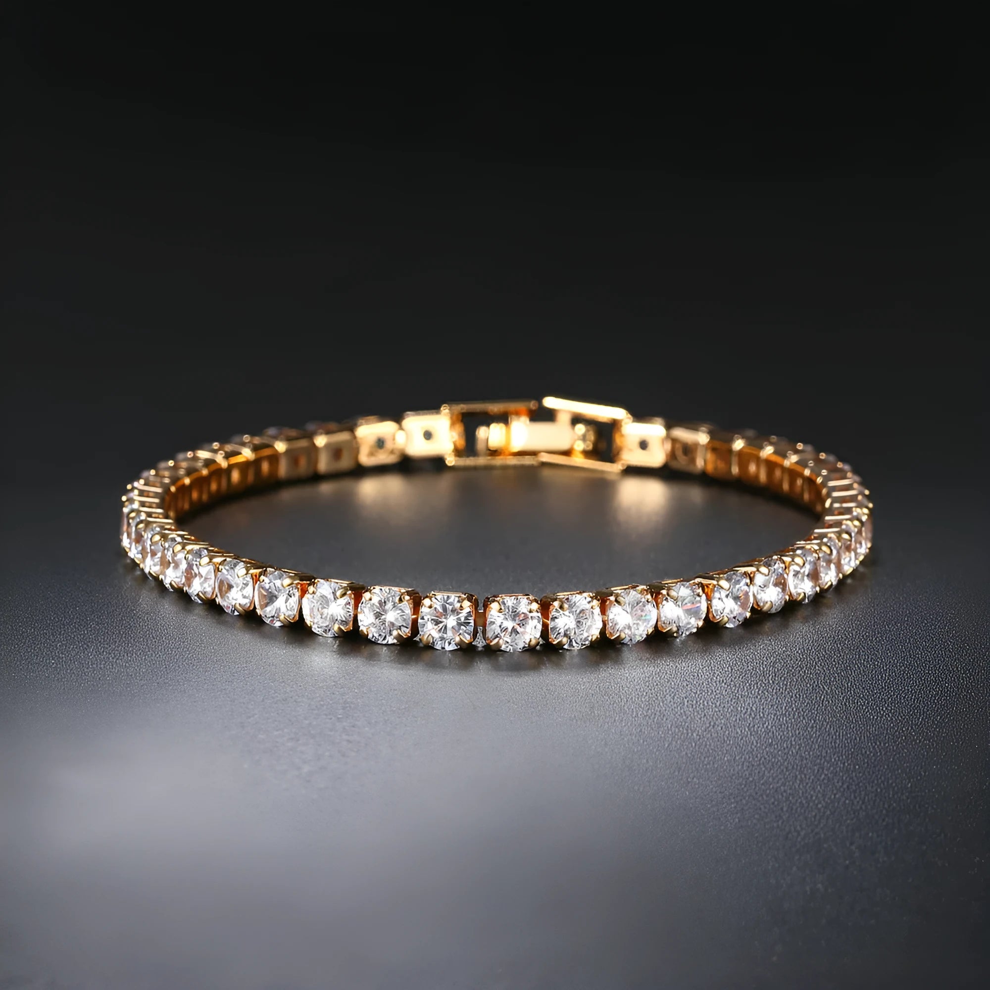Stainless steel zircon bracelet single row 4mm round full diamond tennis chain in gold finish on white background
