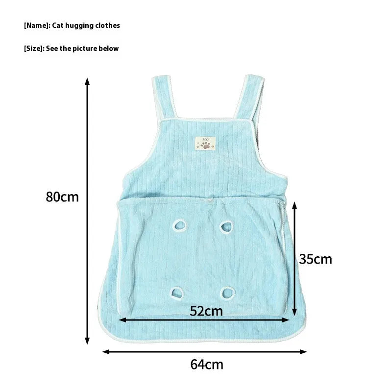 Cloth cat grooming apron in light blue with ventilation holes for breathability during petting