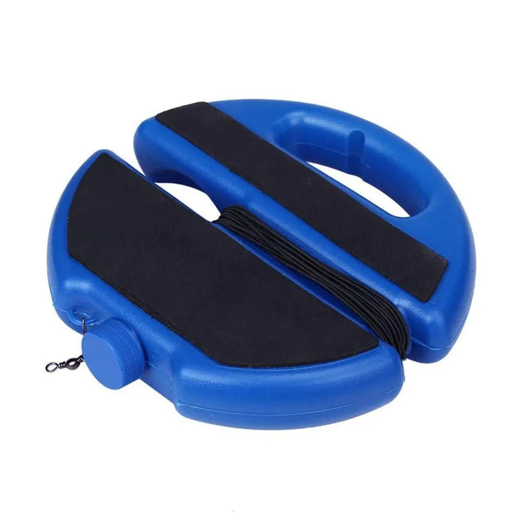 Blue chemical fibre tennis trainer with line on a flat surface