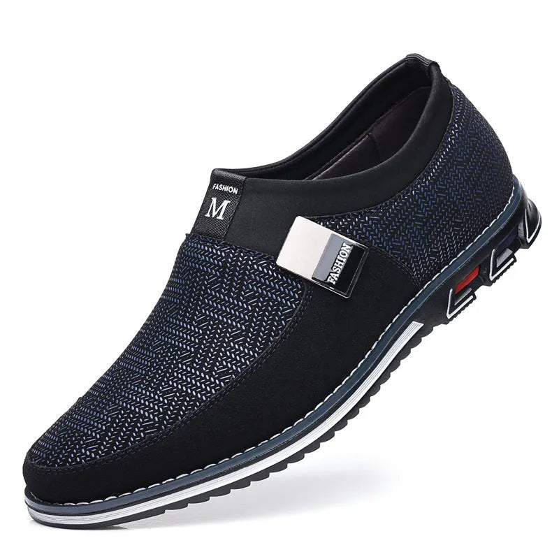 Men's black synthetic leather slip-on casual shoes with a square toe and rubber sole.