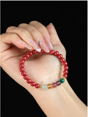 Purple gold sand crystal string beads bracelet showing natural colour variation and handcrafted construction