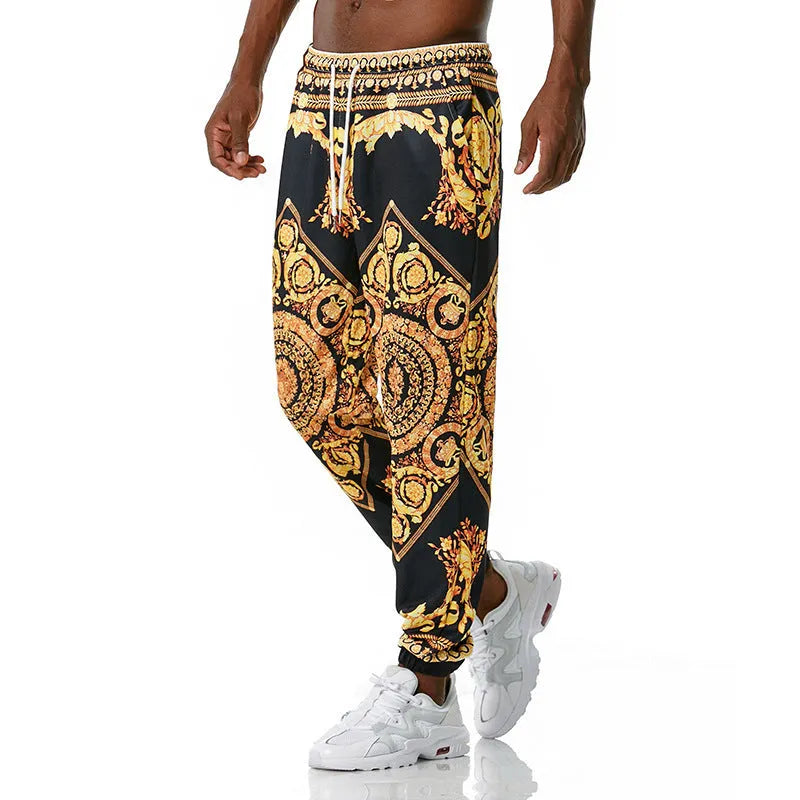 Printed jogging pants for young people, loose fit, polyester blend, mid waist with belt, digital print, ribbed hem