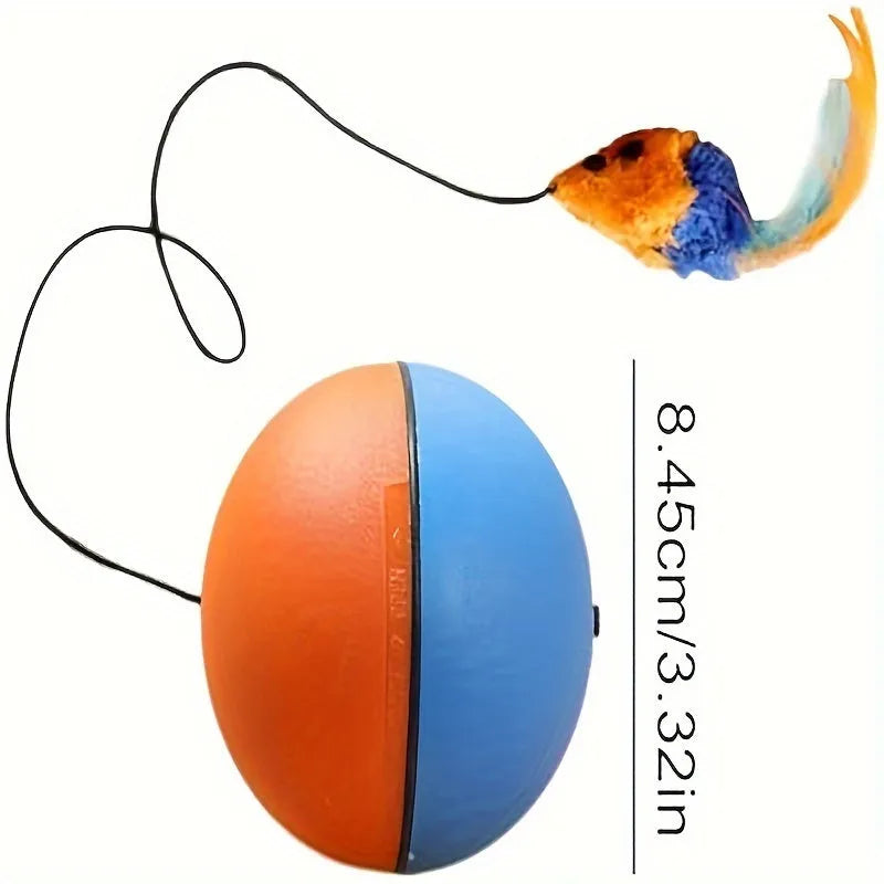 Interactive blue and orange plush mouse cat toy with feather teaser, 8.5cm diameter