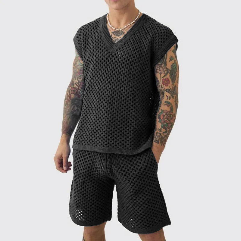 Men's blue V-neck vest and matching shorts sports suit set on hanger