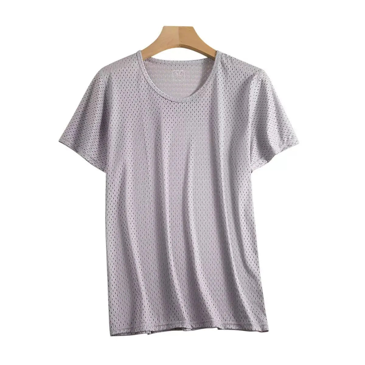 Man wearing a grey ice silk mesh short sleeve crew neck t-shirt with a loose fit.
