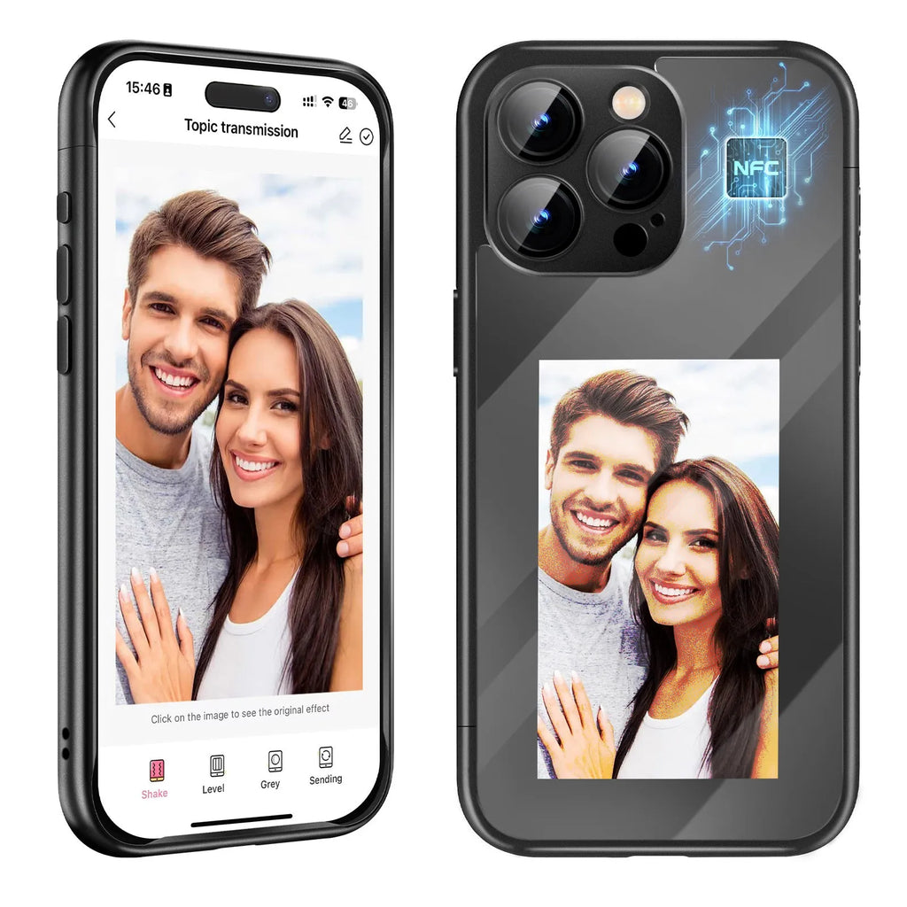 Black and purple IPhone 15 Pro Max NFC flip phone case with a customisable ink screen display.