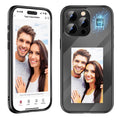 Black and purple IPhone 15 Pro Max NFC flip phone case with a customisable ink screen display.
