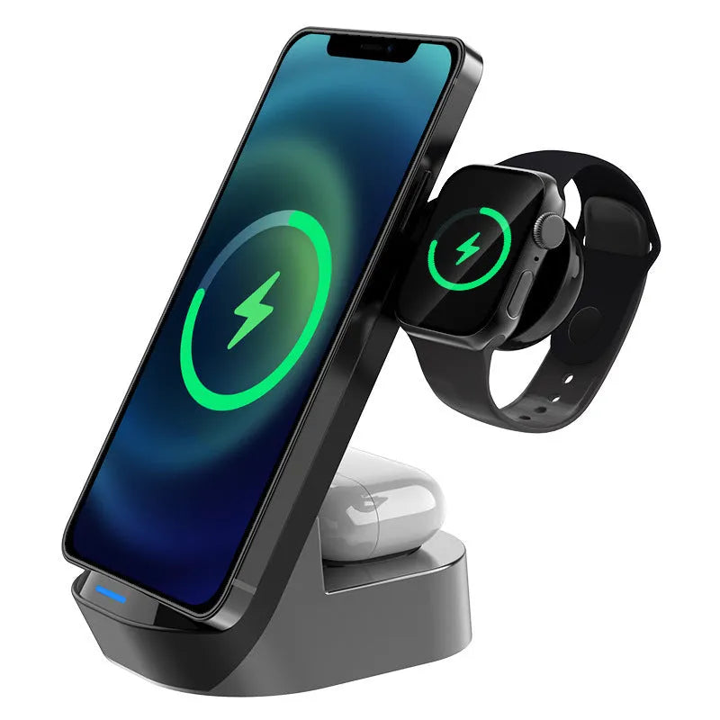 Black grey foldable 3-in-1 wireless charger stand for phone, watch, and earbuds.