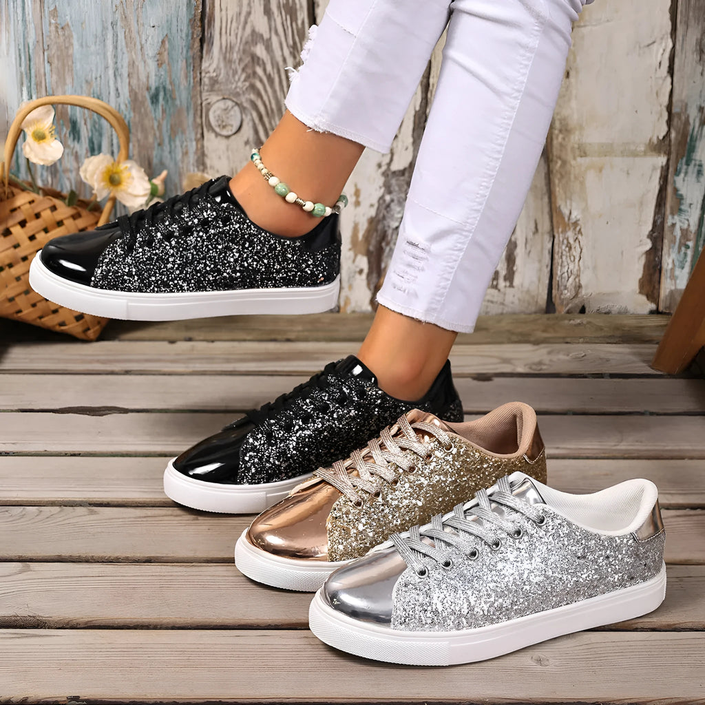 Women's plus size black sequined flat board shoes with front lace-up detail.