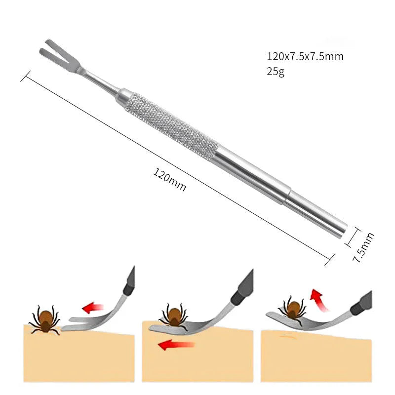 Silver stainless steel tick removal tweezers with fine tips and ergonomic handle for pets