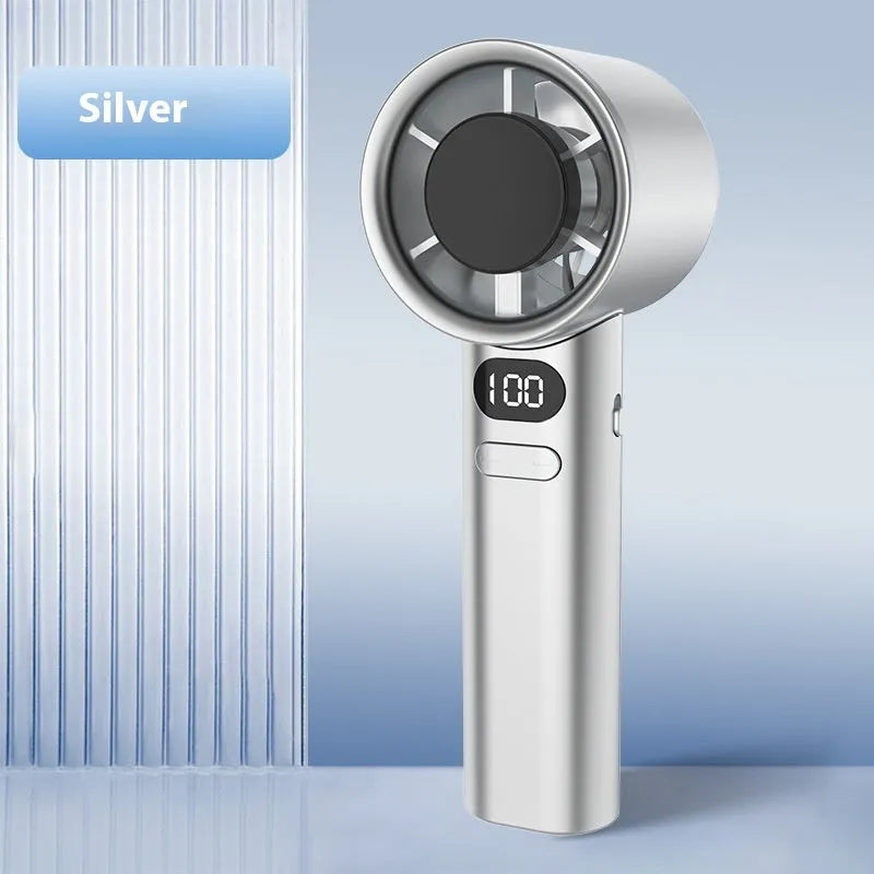A handheld USB fan showing one of four colour options: white, silver, khaki, or green.