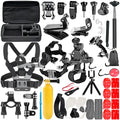 Black GoPro accessories set with chest strap, helmet mount, and tripod for Hero cameras