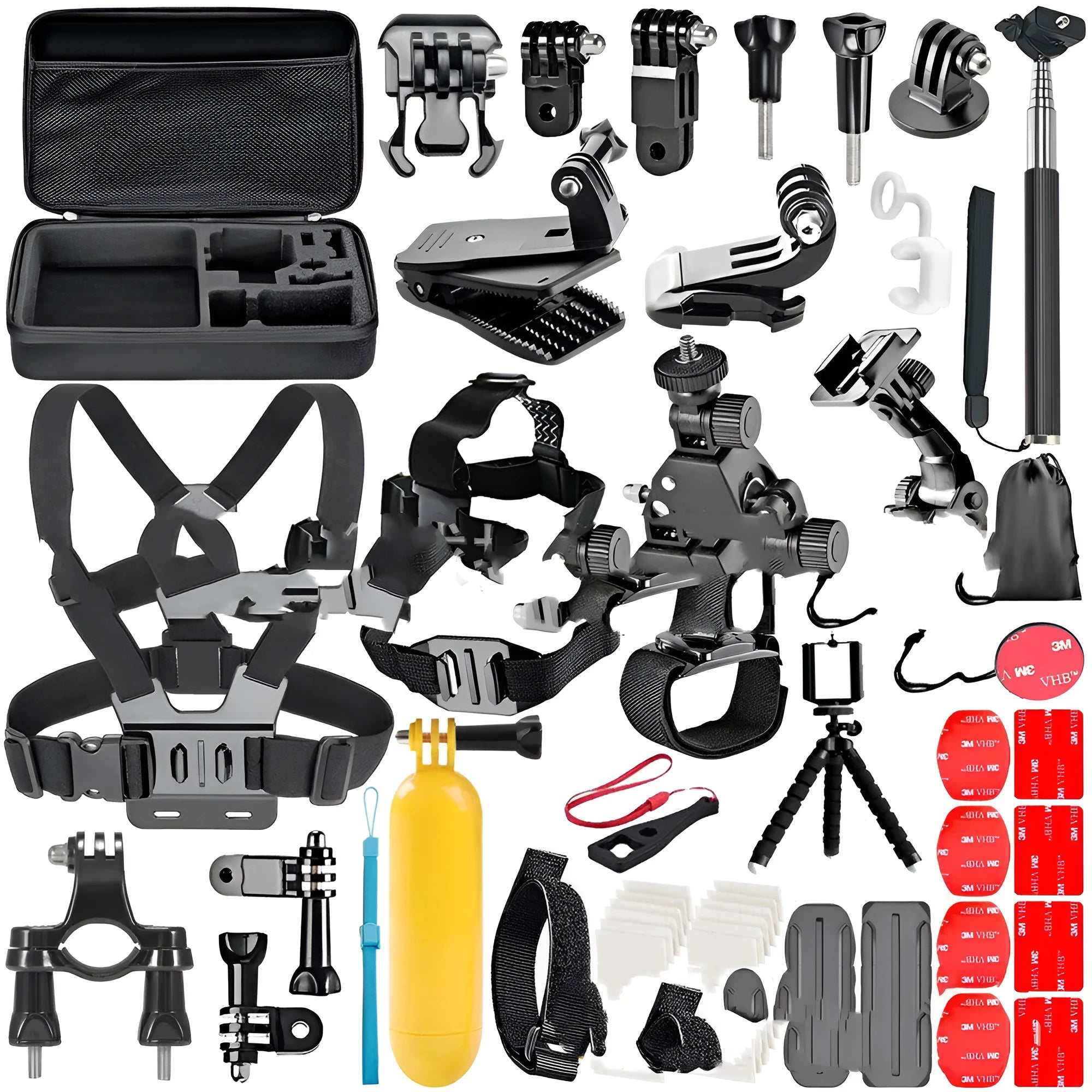 Black GoPro accessories set with chest strap, helmet mount, and tripod for Hero cameras